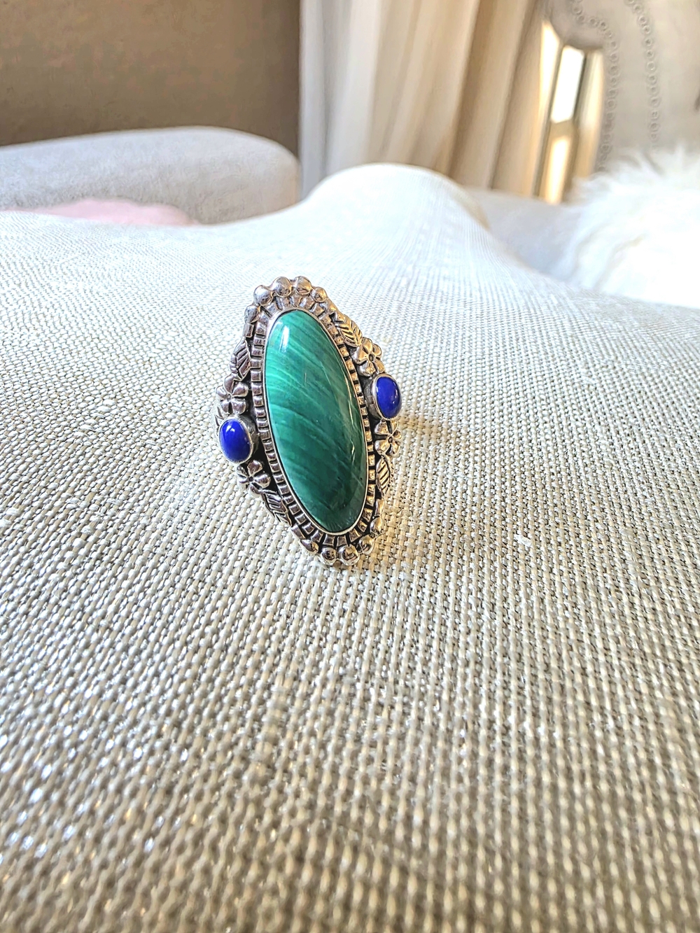 925 Sterling Silver Green Malachite & Blue Stone Statement Ring Size 8 - Picture 10 of 13